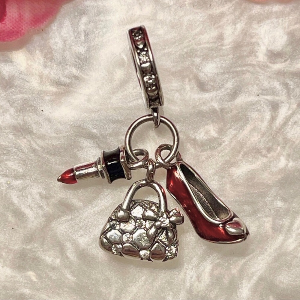 Bracelet Charm Red High Heel, Purse with Rhinestones, Red Lipstick